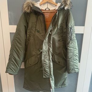 American Eagle Outfitters Khaki Puffer Coat with Faux Fur Hood
